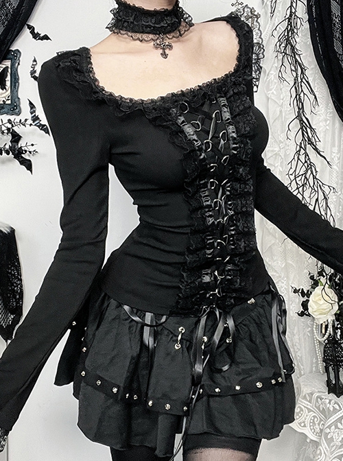 Black Slim Lace Front Metal Ring With Lace-Up Punk Style Round Neck Long Sleeve Top