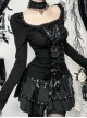 Black Slim Lace Front Metal Ring With Lace-Up Punk Style Round Neck Long Sleeve Top