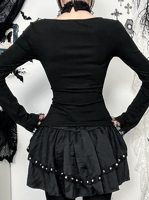 Black Slim Lace Front Metal Ring With Lace-Up Punk Style Round Neck Long Sleeve Top
