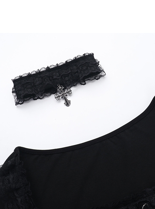 Black Slim Lace Front Metal Ring With Lace-Up Punk Style Round Neck Long Sleeve Top