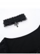 Black Slim Lace Front Metal Ring With Lace-Up Punk Style Round Neck Long Sleeve Top