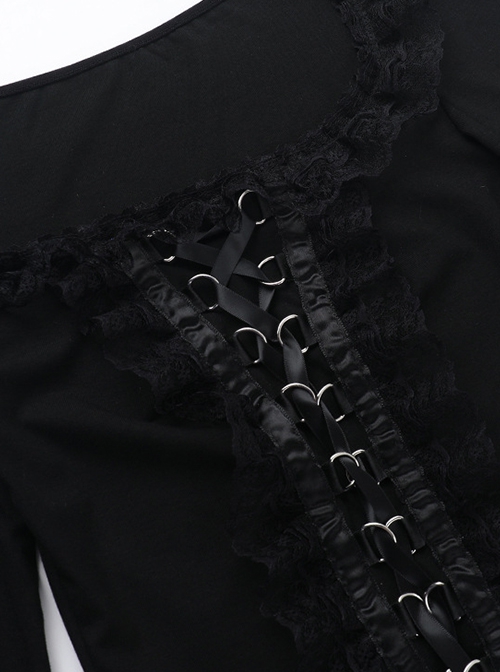 Black Slim Lace Front Metal Ring With Lace-Up Punk Style Round Neck Long Sleeve Top