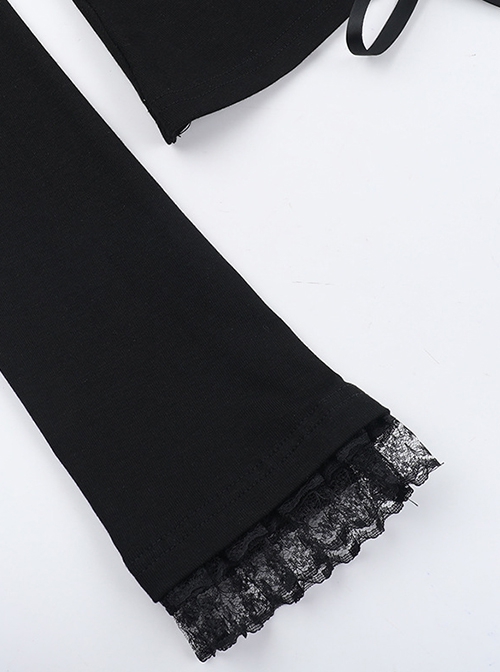 Black Slim Lace Front Metal Ring With Lace-Up Punk Style Round Neck Long Sleeve Top