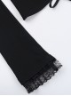 Black Slim Lace Front Metal Ring With Lace-Up Punk Style Round Neck Long Sleeve Top