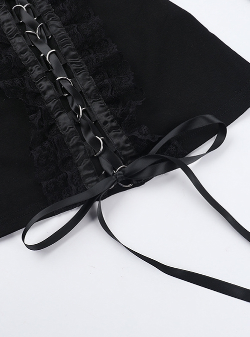 Black Slim Lace Front Metal Ring With Lace-Up Punk Style Round Neck Long Sleeve Top