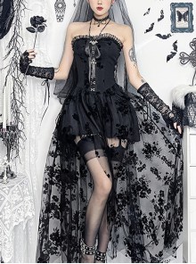 Sexy Black Plant Embossed Pattern Stitching Slightly Transparent Mesh Hem Design Gothic Style Tube Top Dress