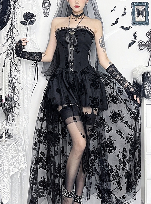 Sexy Black Plant Embossed Pattern Stitching Slightly Transparent Mesh Hem Design Gothic Style Tube Top Dress