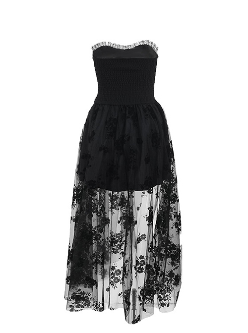 Sexy Black Plant Embossed Pattern Stitching Slightly Transparent Mesh Hem Design Gothic Style Tube Top Dress