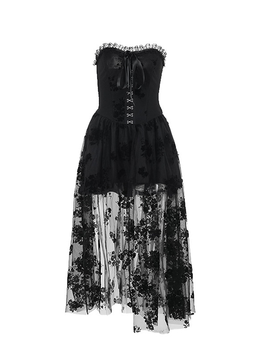Sexy Black Plant Embossed Pattern Stitching Slightly Transparent Mesh Hem Design Gothic Style Tube Top Dress