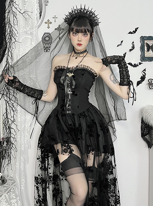 Sexy Black Plant Embossed Pattern Stitching Slightly Transparent Mesh Hem Design Gothic Style Tube Top Dress