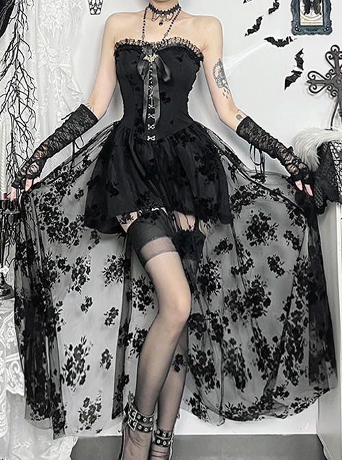Sexy Black Plant Embossed Pattern Stitching Slightly Transparent Mesh Hem Design Gothic Style Tube Top Dress