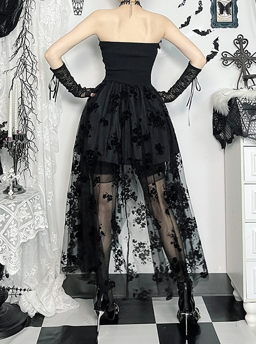 Sexy Black Plant Embossed Pattern Stitching Slightly Transparent Mesh Hem Design Gothic Style Tube Top Dress