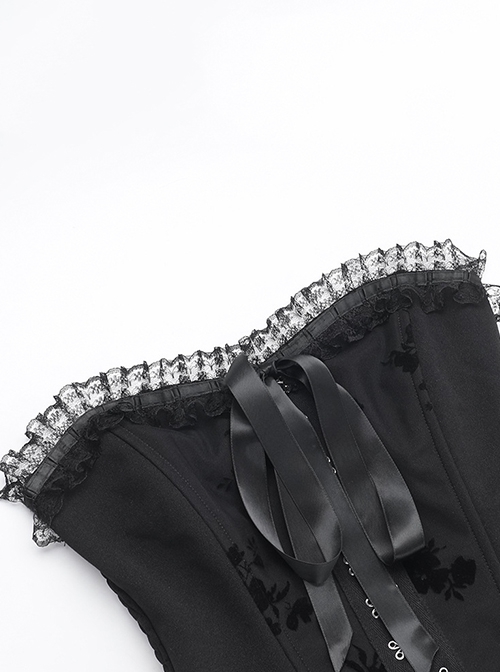 Sexy Black Plant Embossed Pattern Stitching Slightly Transparent Mesh Hem Design Gothic Style Tube Top Dress