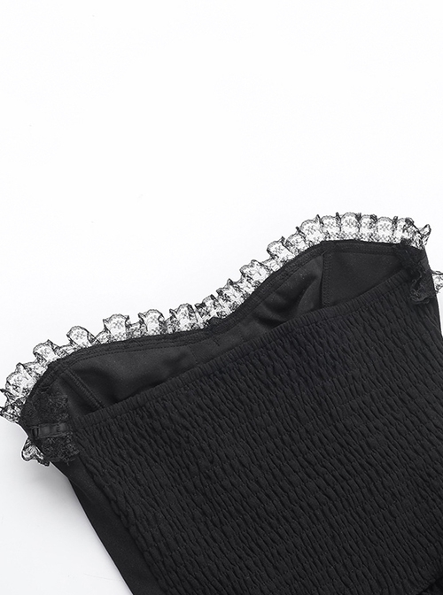 Sexy Black Plant Embossed Pattern Stitching Slightly Transparent Mesh Hem Design Gothic Style Tube Top Dress