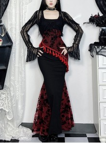 Fashion Black Woven Stitching Lace Tassel Printed Fabric Gothic Style Sleeveless Suspender Dress