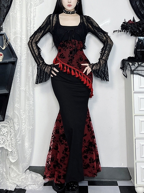 Fashion Black Woven Stitching Lace Tassel Printed Fabric Gothic Style Sleeveless Suspender Dress
