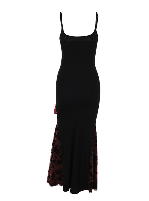 Fashion Black Woven Stitching Lace Tassel Printed Fabric Gothic Style Sleeveless Suspender Dress