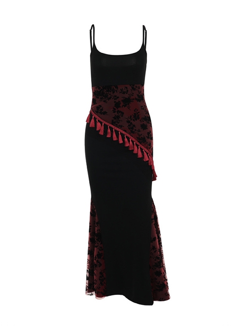 Fashion Black Woven Stitching Lace Tassel Printed Fabric Gothic Style Sleeveless Suspender Dress
