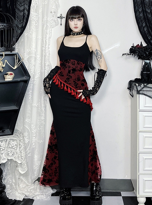 Fashion Black Woven Stitching Lace Tassel Printed Fabric Gothic Style Sleeveless Suspender Dress