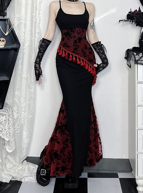 Fashion Black Woven Stitching Lace Tassel Printed Fabric Gothic Style Sleeveless Suspender Dress