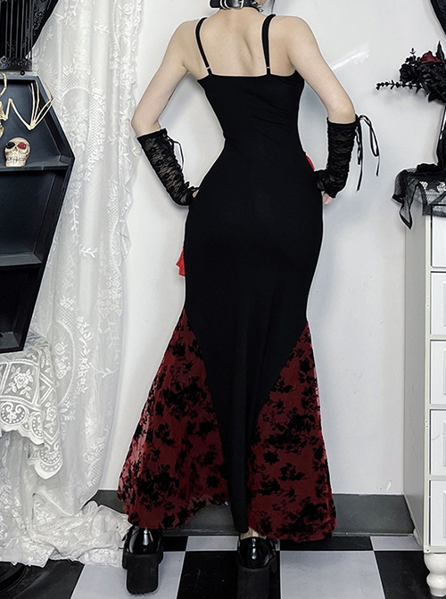Fashion Black Woven Stitching Lace Tassel Printed Fabric Gothic Style Sleeveless Suspender Dress