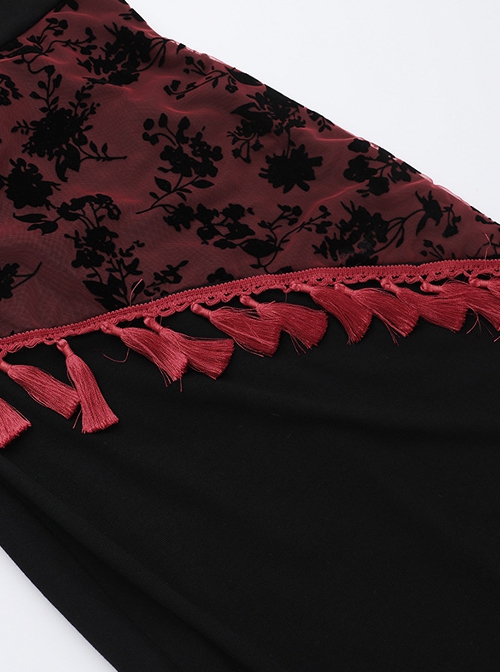 Fashion Black Woven Stitching Lace Tassel Printed Fabric Gothic Style Sleeveless Suspender Dress