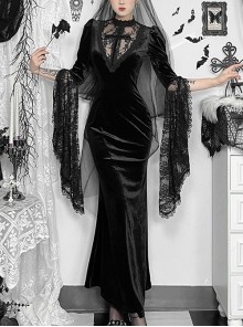 Gorgeous Black Velvet Front Cross Slightly Transparent Lace Design Gothic Style Dark Long Sleeve Dress