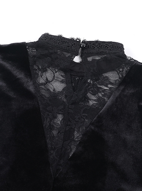 Gorgeous Black Velvet Front Cross Slightly Transparent Lace Design Gothic Style Dark Long Sleeve Dress