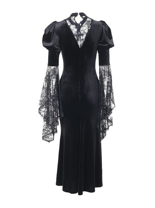 Gorgeous Black Velvet Front Cross Slightly Transparent Lace Design Gothic Style Dark Long Sleeve Dress