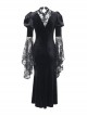 Gorgeous Black Velvet Front Cross Slightly Transparent Lace Design Gothic Style Dark Long Sleeve Dress