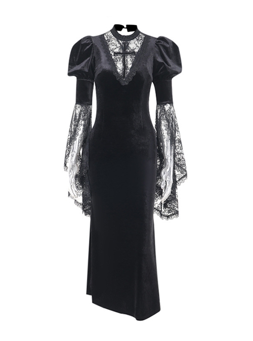 Gorgeous Black Velvet Front Cross Slightly Transparent Lace Design Gothic Style Dark Long Sleeve Dress