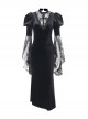 Gorgeous Black Velvet Front Cross Slightly Transparent Lace Design Gothic Style Dark Long Sleeve Dress
