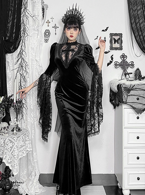 Gorgeous Black Velvet Front Cross Slightly Transparent Lace Design Gothic Style Dark Long Sleeve Dress