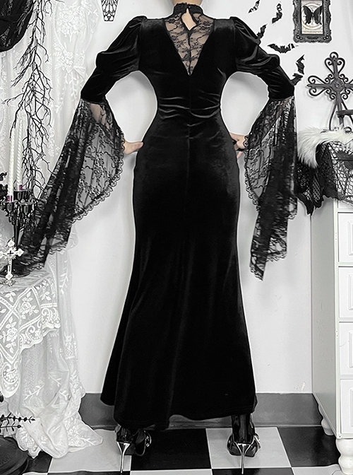 Gorgeous Black Velvet Front Cross Slightly Transparent Lace Design Gothic Style Dark Long Sleeve Dress