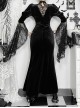 Gorgeous Black Velvet Front Cross Slightly Transparent Lace Design Gothic Style Dark Long Sleeve Dress