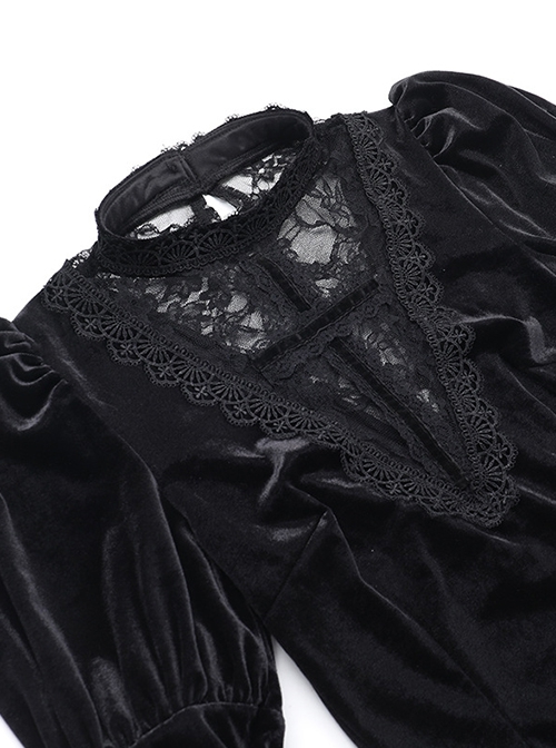 Gorgeous Black Velvet Front Cross Slightly Transparent Lace Design Gothic Style Dark Long Sleeve Dress
