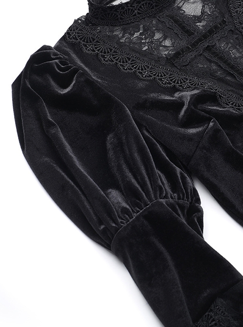 Gorgeous Black Velvet Front Cross Slightly Transparent Lace Design Gothic Style Dark Long Sleeve Dress