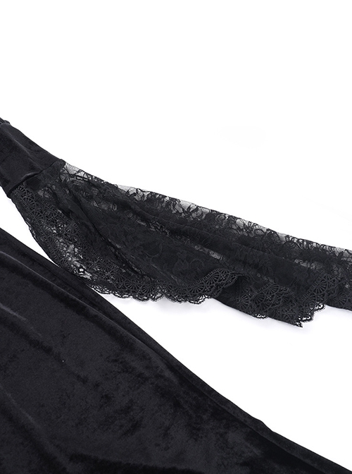 Gorgeous Black Velvet Front Cross Slightly Transparent Lace Design Gothic Style Dark Long Sleeve Dress