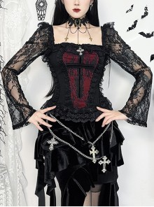 Black Sexy Lace Low Cut Front Metal Cross Decoration Punk Style Long Sleeved Slim Fit Top