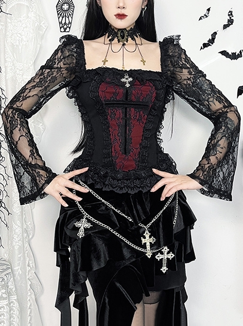 Black Sexy Lace Low Cut Front Metal Cross Decoration Punk Style Long Sleeved Slim Fit Top