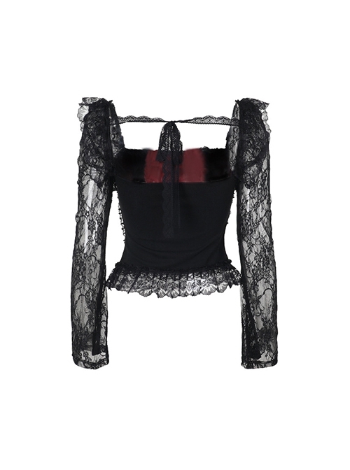 Black Sexy Lace Low Cut Front Metal Cross Decoration Punk Style Long Sleeved Slim Fit Top