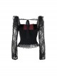 Black Sexy Lace Low Cut Front Metal Cross Decoration Punk Style Long Sleeved Slim Fit Top
