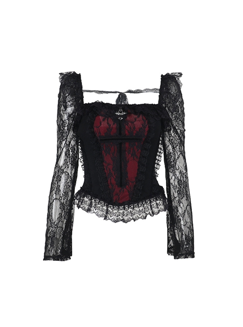 Black Sexy Lace Low Cut Front Metal Cross Decoration Punk Style Long Sleeved Slim Fit Top