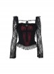 Black Sexy Lace Low Cut Front Metal Cross Decoration Punk Style Long Sleeved Slim Fit Top