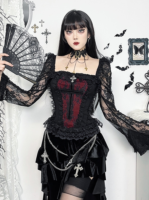 Black Sexy Lace Low Cut Front Metal Cross Decoration Punk Style Long Sleeved Slim Fit Top