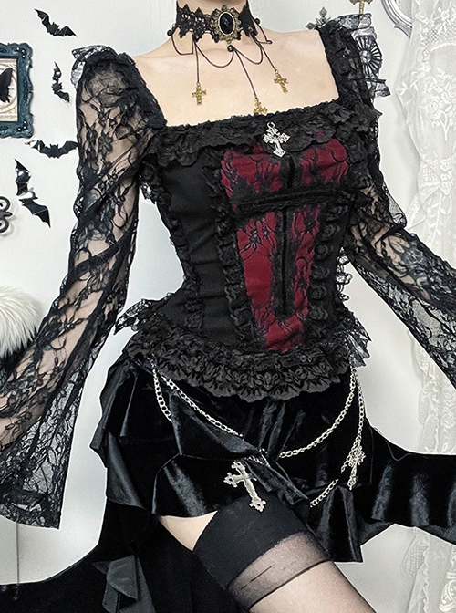 Black Sexy Lace Low Cut Front Metal Cross Decoration Punk Style Long Sleeved Slim Fit Top