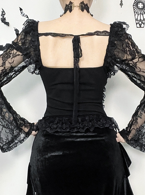 Black Sexy Lace Low Cut Front Metal Cross Decoration Punk Style Long Sleeved Slim Fit Top