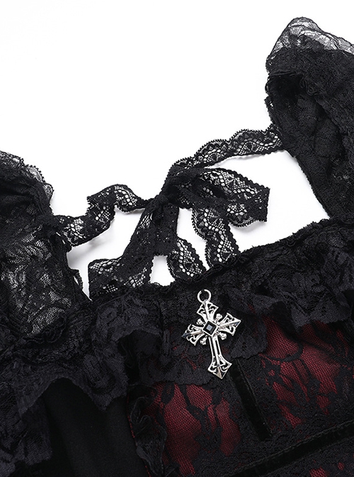 Black Sexy Lace Low Cut Front Metal Cross Decoration Punk Style Long Sleeved Slim Fit Top