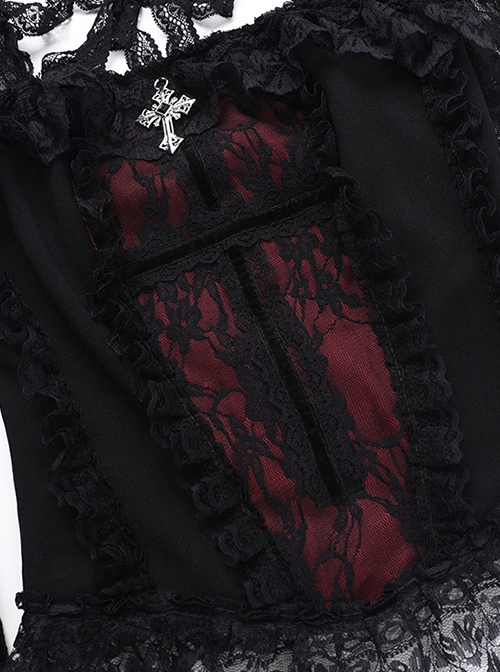 Black Sexy Lace Low Cut Front Metal Cross Decoration Punk Style Long Sleeved Slim Fit Top