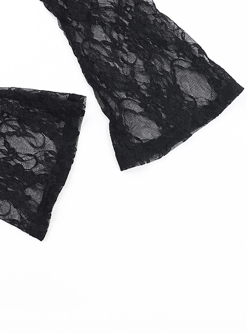 Black Sexy Lace Low Cut Front Metal Cross Decoration Punk Style Long Sleeved Slim Fit Top